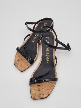 Stuart Weitzman Black Patent Cork-Strap Ankle Sandals